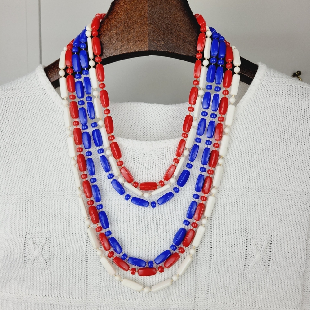 Red White And Blue Vintage Acrylic Bead Necklaces Set Of 3